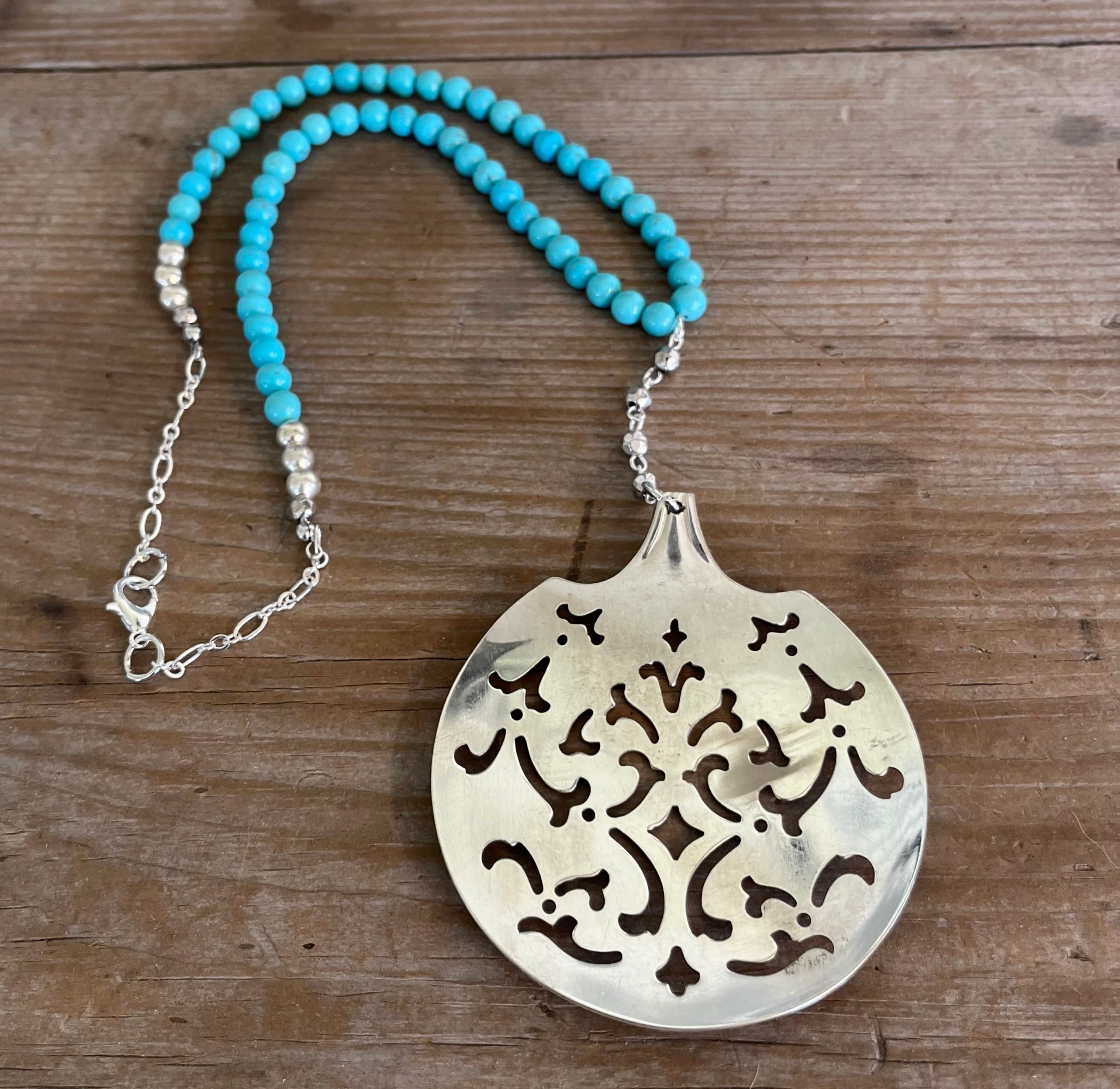 Handcrafted upcycled silverware lariat necklace with vintage tomato server pendant and turquoise magnesite beads - premium artisan jewelry