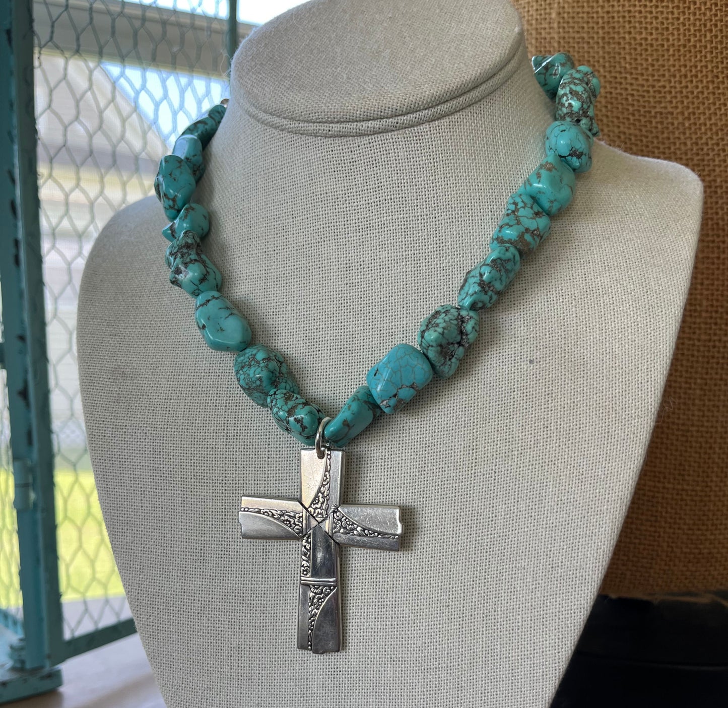 Spoon Cross Pendant on Chunky Turquoise Howlite Choker Necklace - CAPRICE - #5693