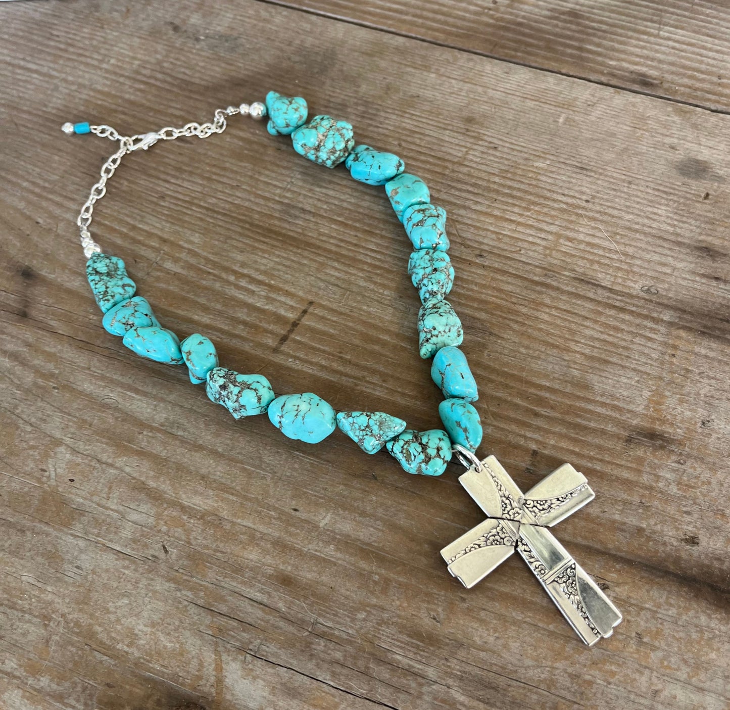 Spoon Cross Pendant on Chunky Turquoise Howlite Choker Necklace - CAPRICE - #5693
