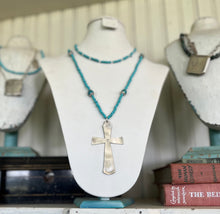 Spoon Cross Pendant on Turquoise Glass Bead and Nepali Bead Necklace