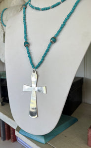 Spoon Cross Pendant on Turquoise Glass Bead and Nepali Bead Necklace