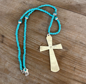 Spoon Cross Pendant on Turquoise Glass Bead and Nepali Bead Necklace