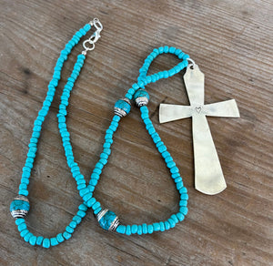 Spoon Cross Pendant on Turquoise Glass Bead and Nepali Bead Necklace