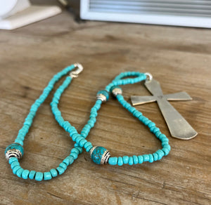 Spoon Cross Pendant on Turquoise Glass Bead and Nepali Bead Necklace