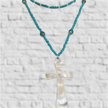 Spoon Cross Pendant on Turquoise Glass Bead and Nepali Bead Necklace