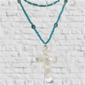 Spoon Cross Pendant on Turquoise Glass Bead and Nepali Bead Necklace