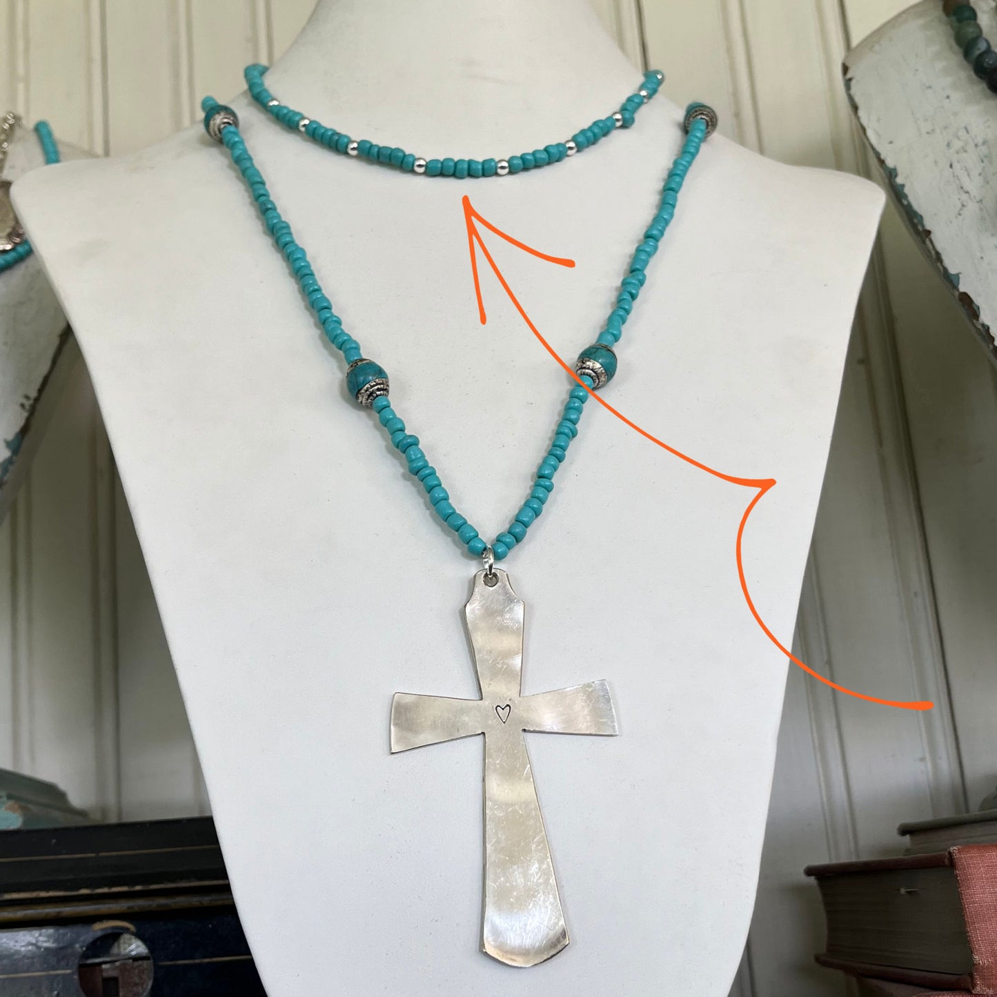 Styled view of turquoise bead choker necklaces showing wearable southwest aesthetic, handmade silverplate accent jewelry