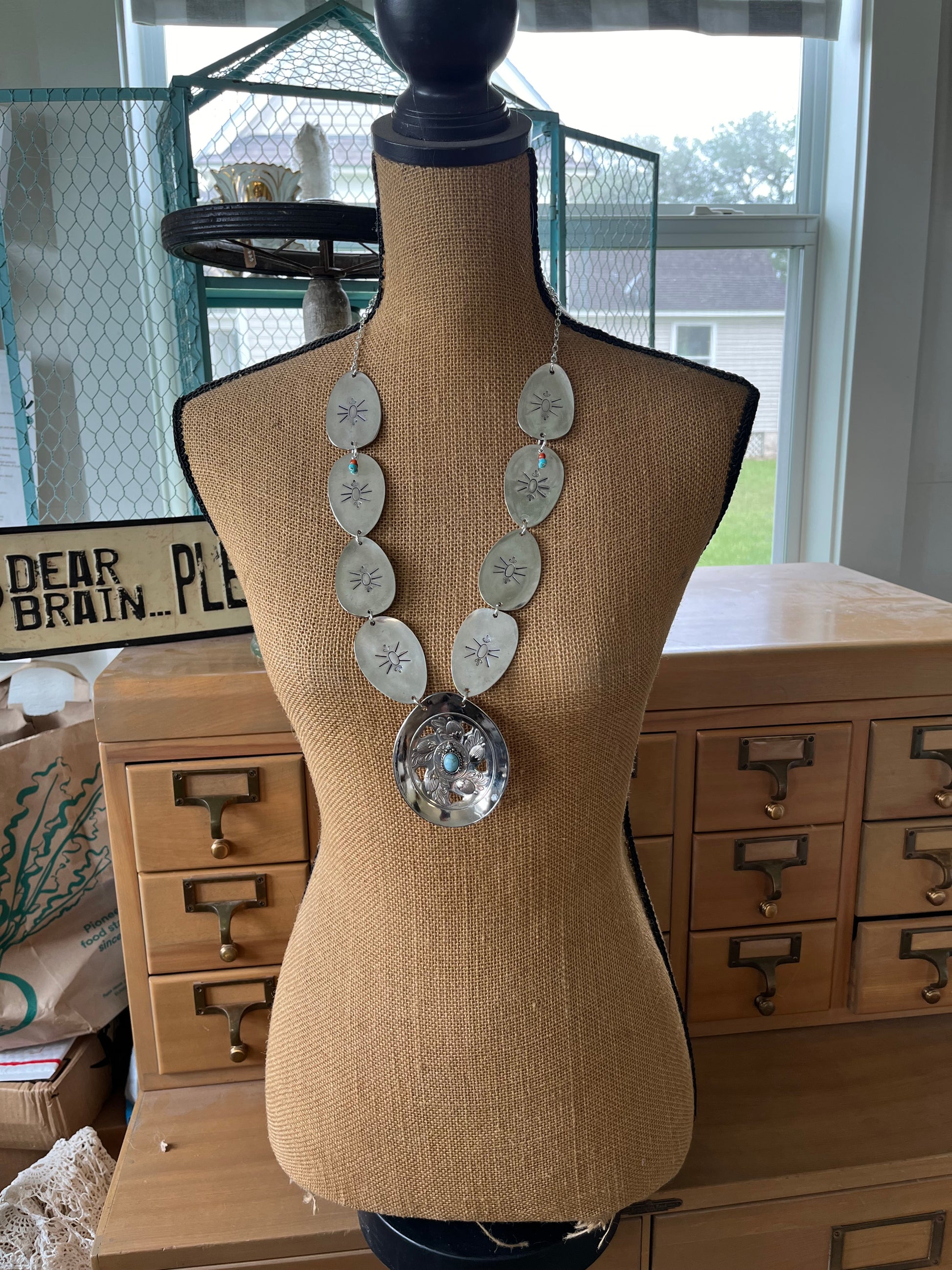 Spoon concho necklace with beetle design - handcrafted artisan silverware jewelry 