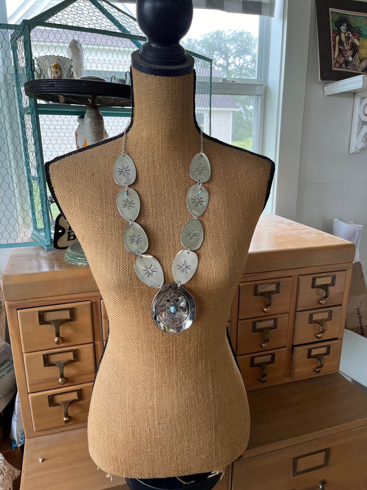 Boho spoon concho necklace with beetle - one-of-a-kind artisan jewelry