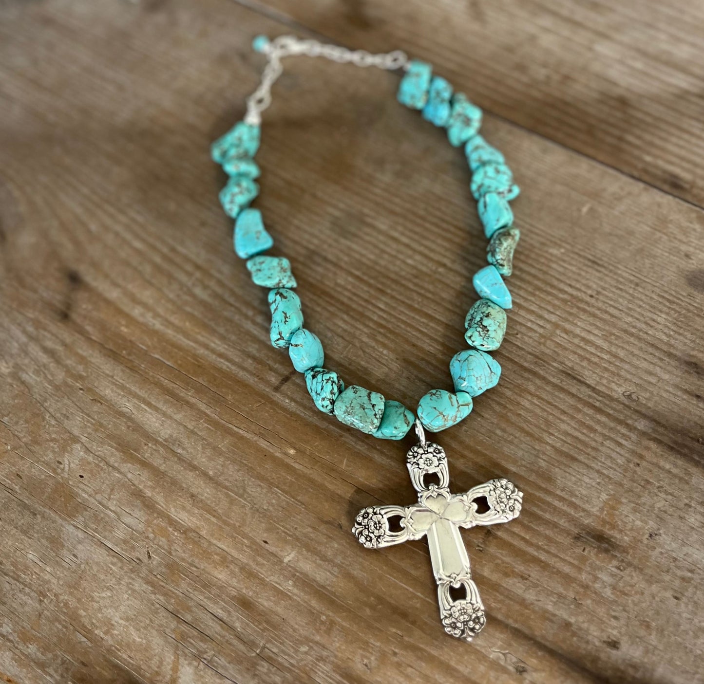 Spoon Cross Pendant on Chunky Turquoise Howlite Choker - ETERNALLY YOURS - #5708