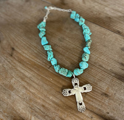 Spoon Cross Pendant on Chunky Turquoise Howlite Choker - ETERNALLY YOURS - #5708
