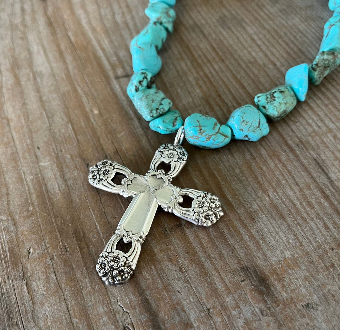 Spoon Cross Pendant on Chunky Turquoise Howlite Choker - ETERNALLY YOURS - #5708