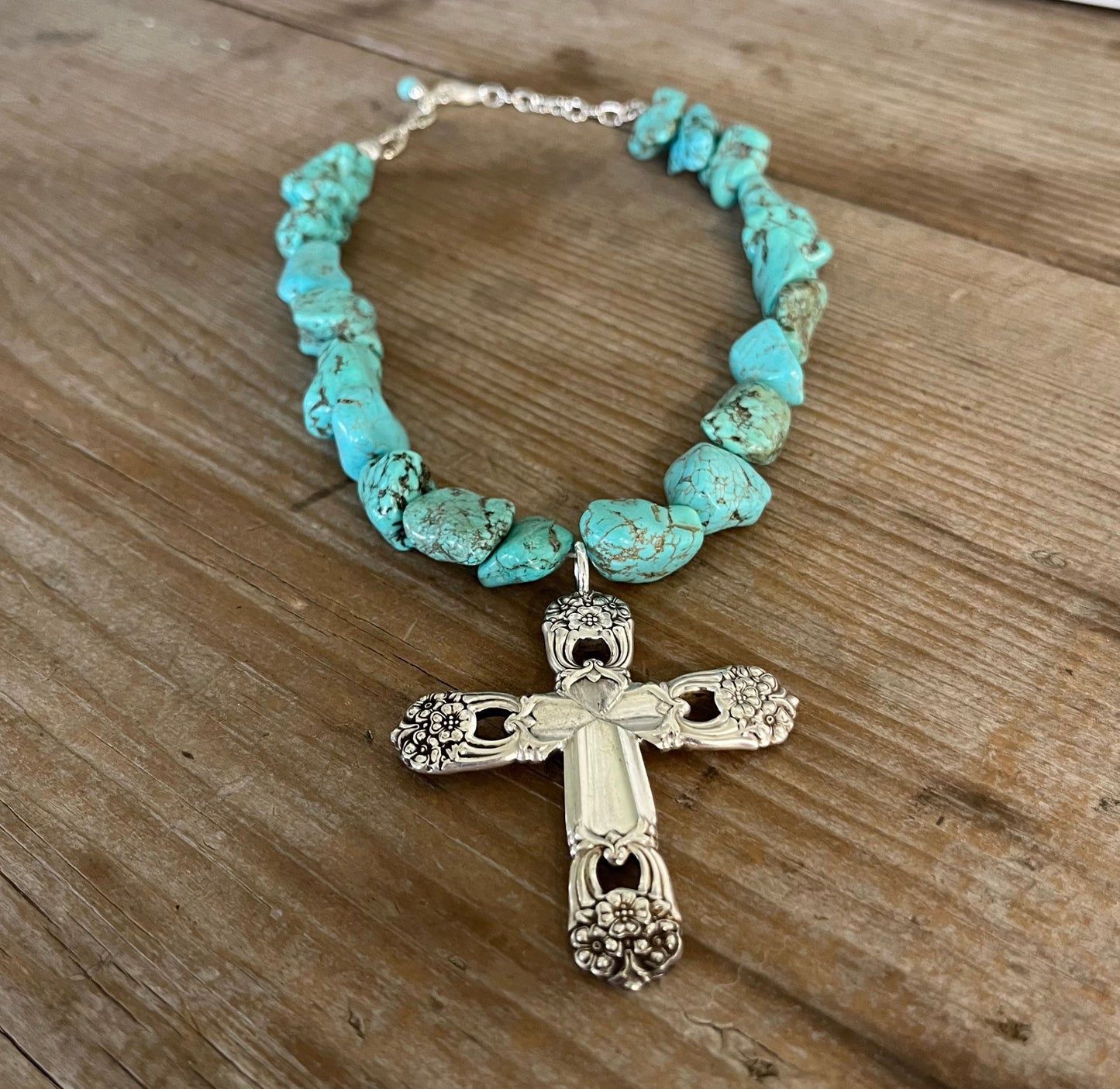 Spoon Cross Pendant on Chunky Turquoise Howlite Choker - ETERNALLY YOURS - #5708