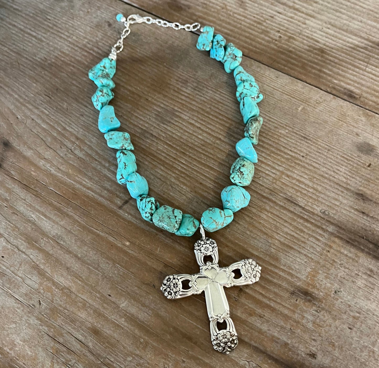 Spoon Cross Pendant on Chunky Turquoise Howlite Choker - ETERNALLY YOURS - #5708
