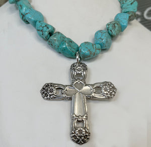 Spoon Cross Pendant on Chunky Turquoise Howlite Choker - ETERNALLY YOURS - #5708