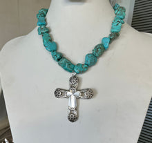 Spoon Cross Pendant on Chunky Turquoise Howlite Choker - ETERNALLY YOURS - #5708