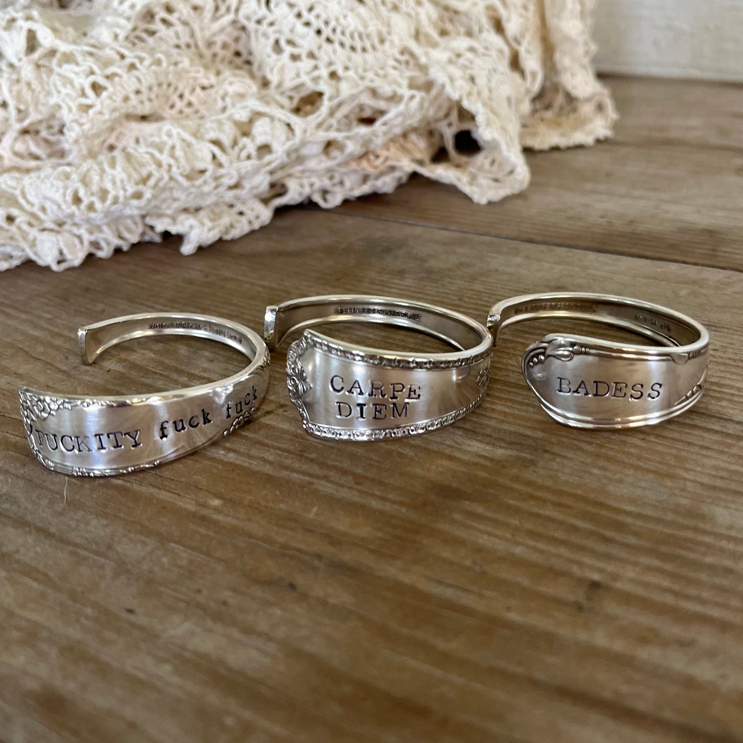 Stamped spoon cuff bracelets - handcrafted from upcycled vintage silverware - Laughing Frog Studio