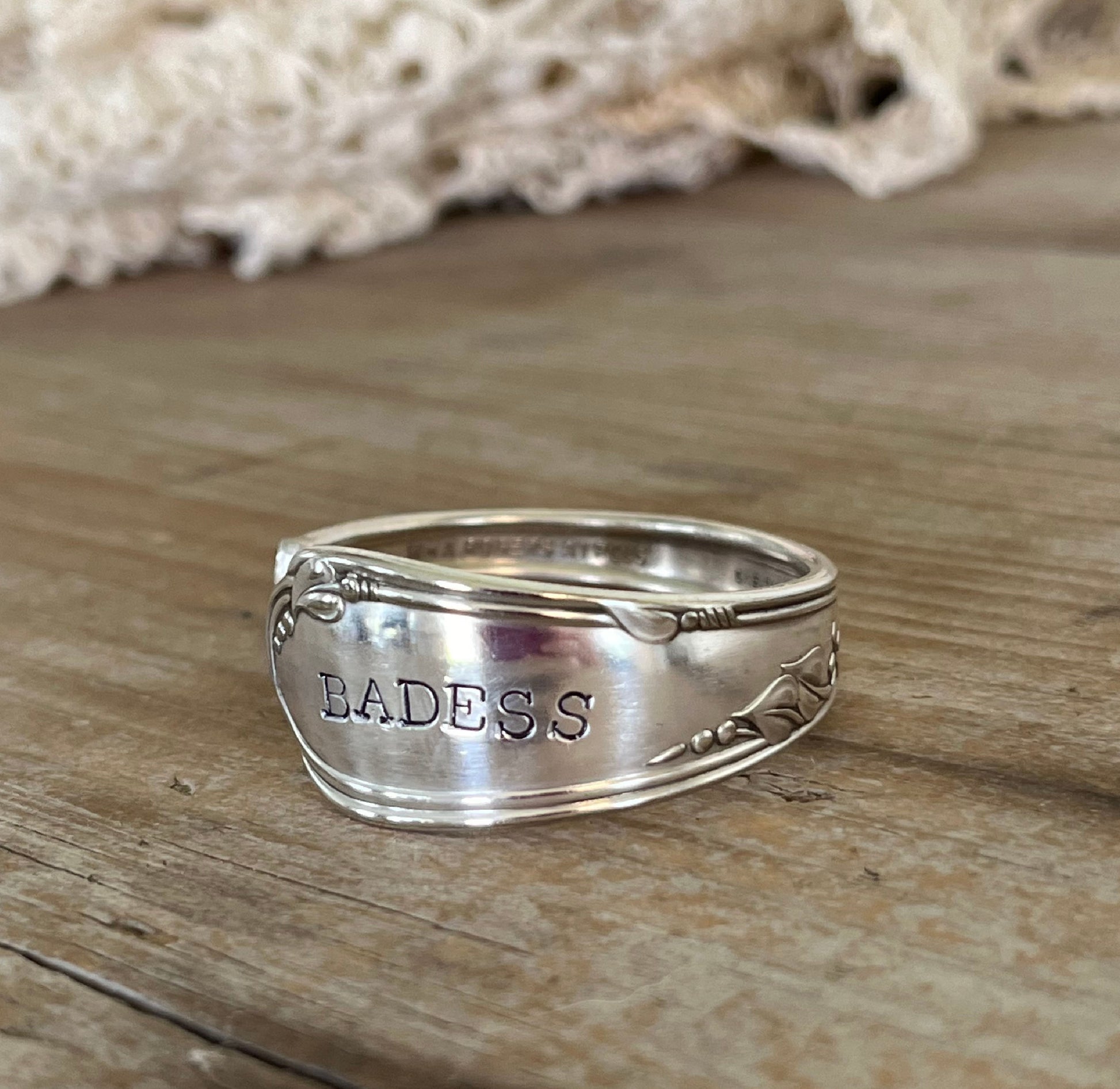 BADeSS stamped spoon cuff bracelet - handcrafted from upcycled vintage silverware - Laughing Frog Studio