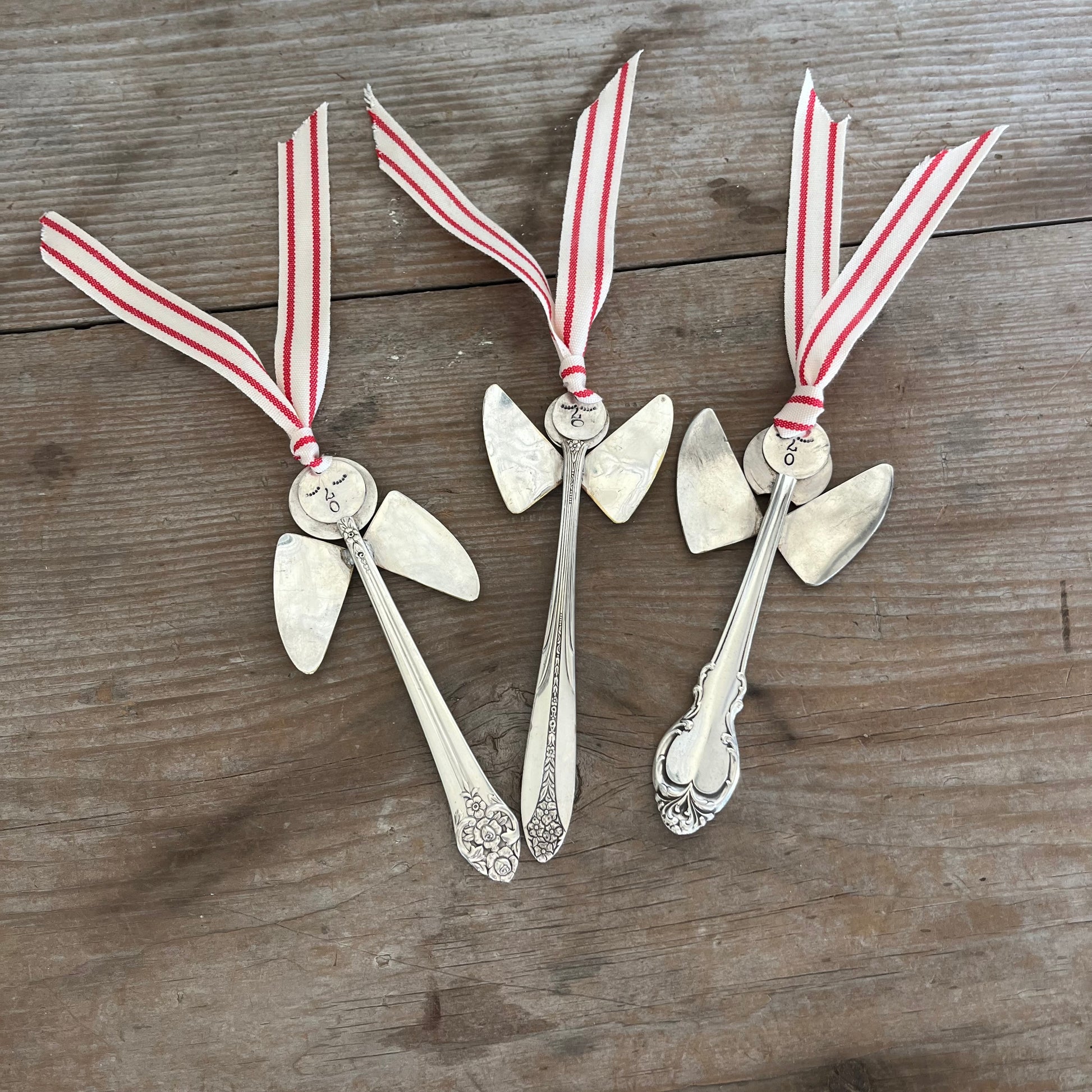 Group of handcrafted angel ornaments including O'Hara - unique upcycled vintage silverware artisan decorations