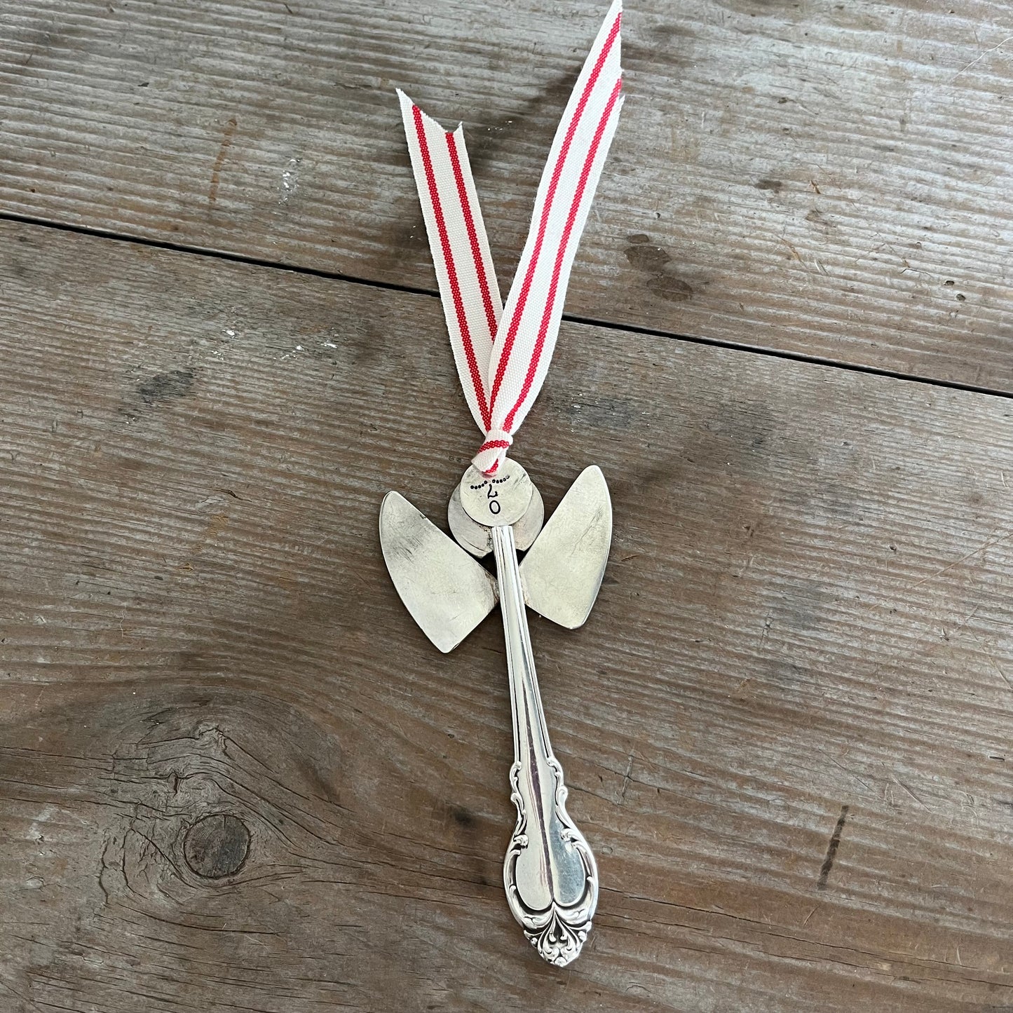 Eco-friendly upcycled vintage silverware angel ornament Mallory pattern - handmade artisan Christmas decor