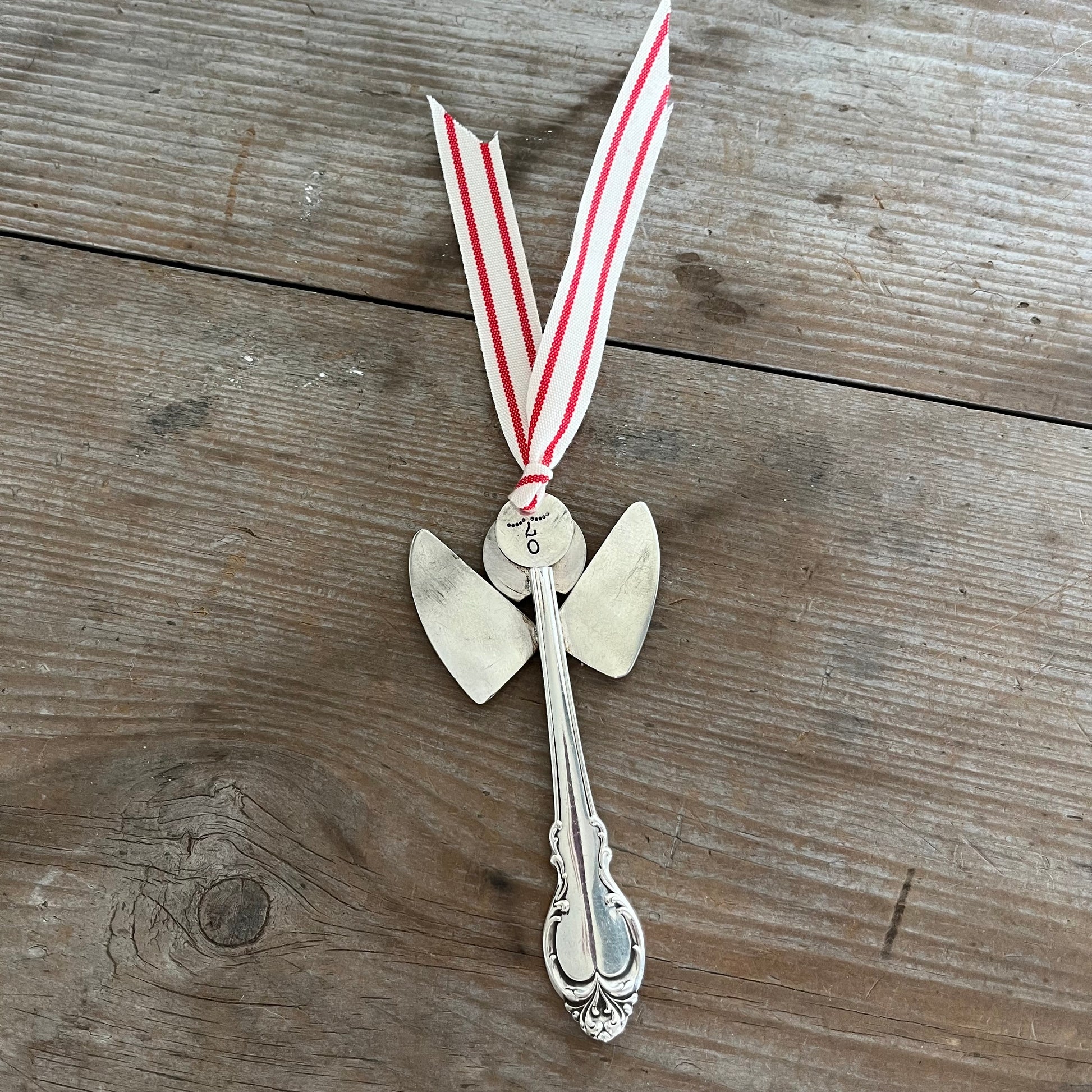 Eco-friendly upcycled vintage silverware angel ornament Mallory pattern - handmade artisan Christmas decor