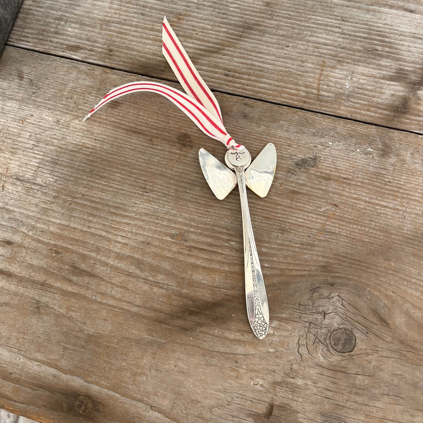 Eco-friendly upcycled vintage silverware angel ornament Diana pattern - handmade artisan Christmas decor