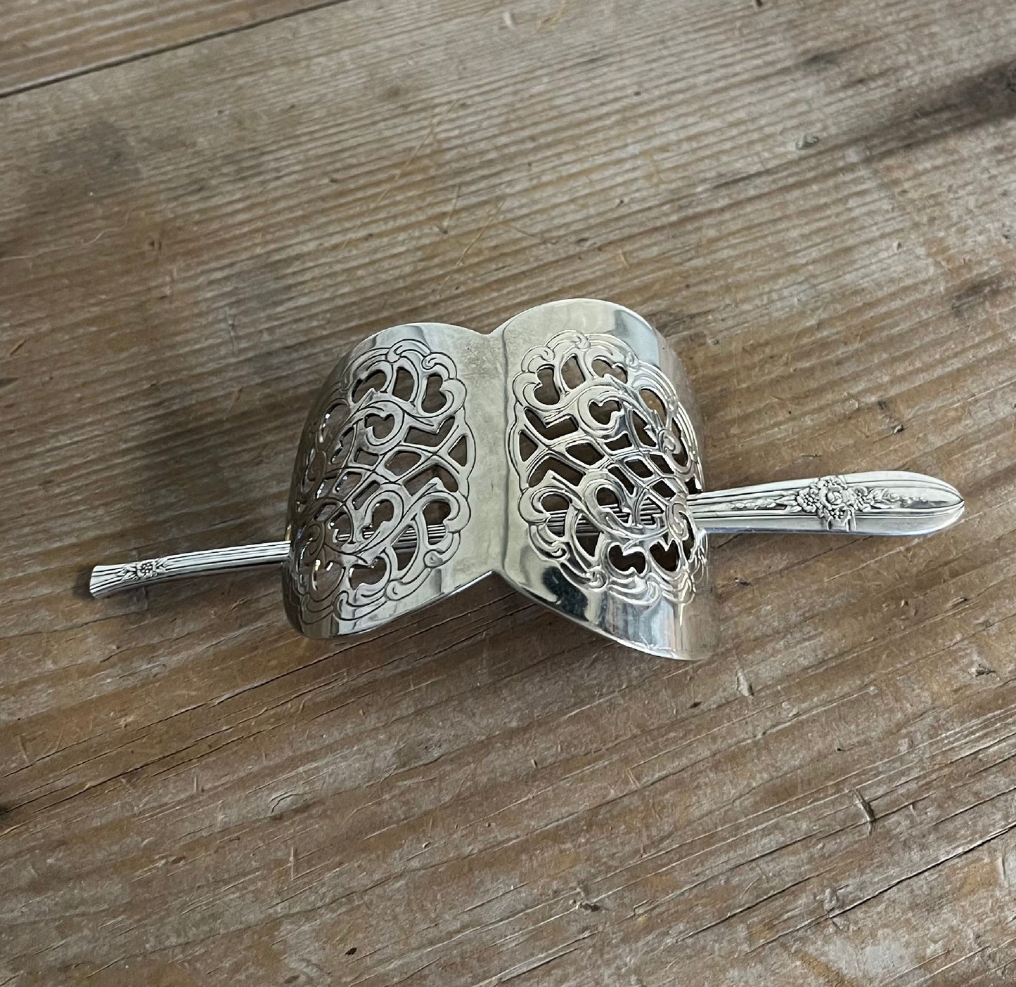 Silverplate half-moon hair barrette with unique detailed filigree design - handcrafted from upcycled vintage silverware - Laughing Frog Studio