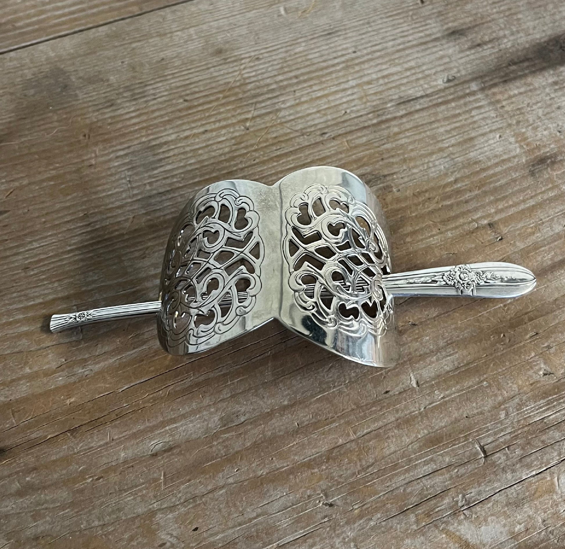 Silverplate half-moon hair barrette with unique detailed filigree design - handcrafted from upcycled vintage silverware - Laughing Frog Studio