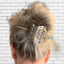 Silverplate half-moon hair barrette with unique detailed filigree design worn in hair - handcrafted from upcycled vintage silverware - Laughing Frog Studio