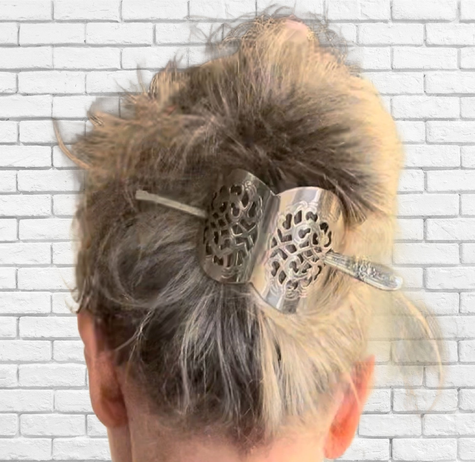 Silverplate half-moon hair barrette with unique detailed filigree design worn in hair - handcrafted from upcycled vintage silverware - Laughing Frog Studio