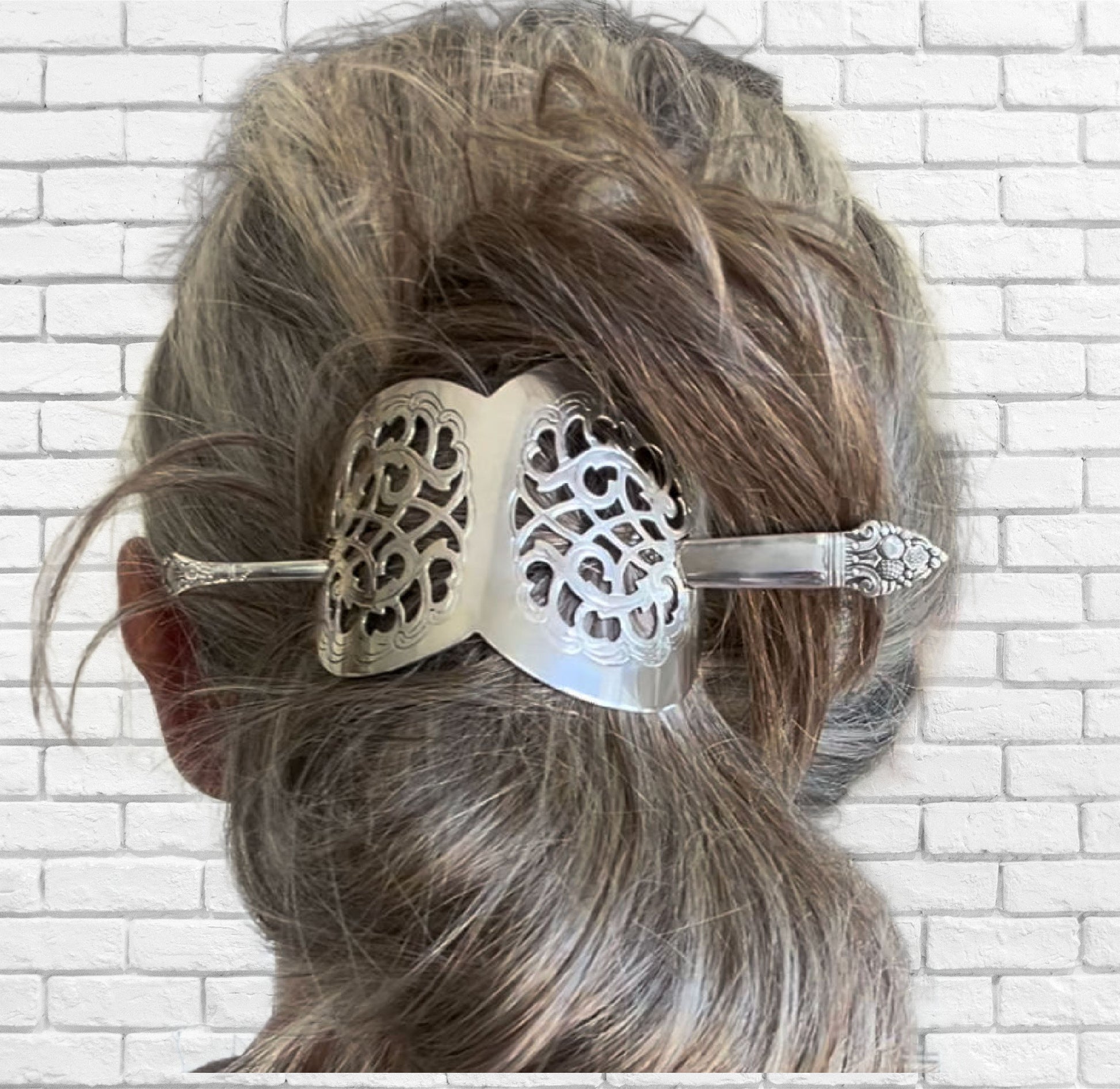 Vintage Danish cake server hair barrette worn in hair showing functional use and size