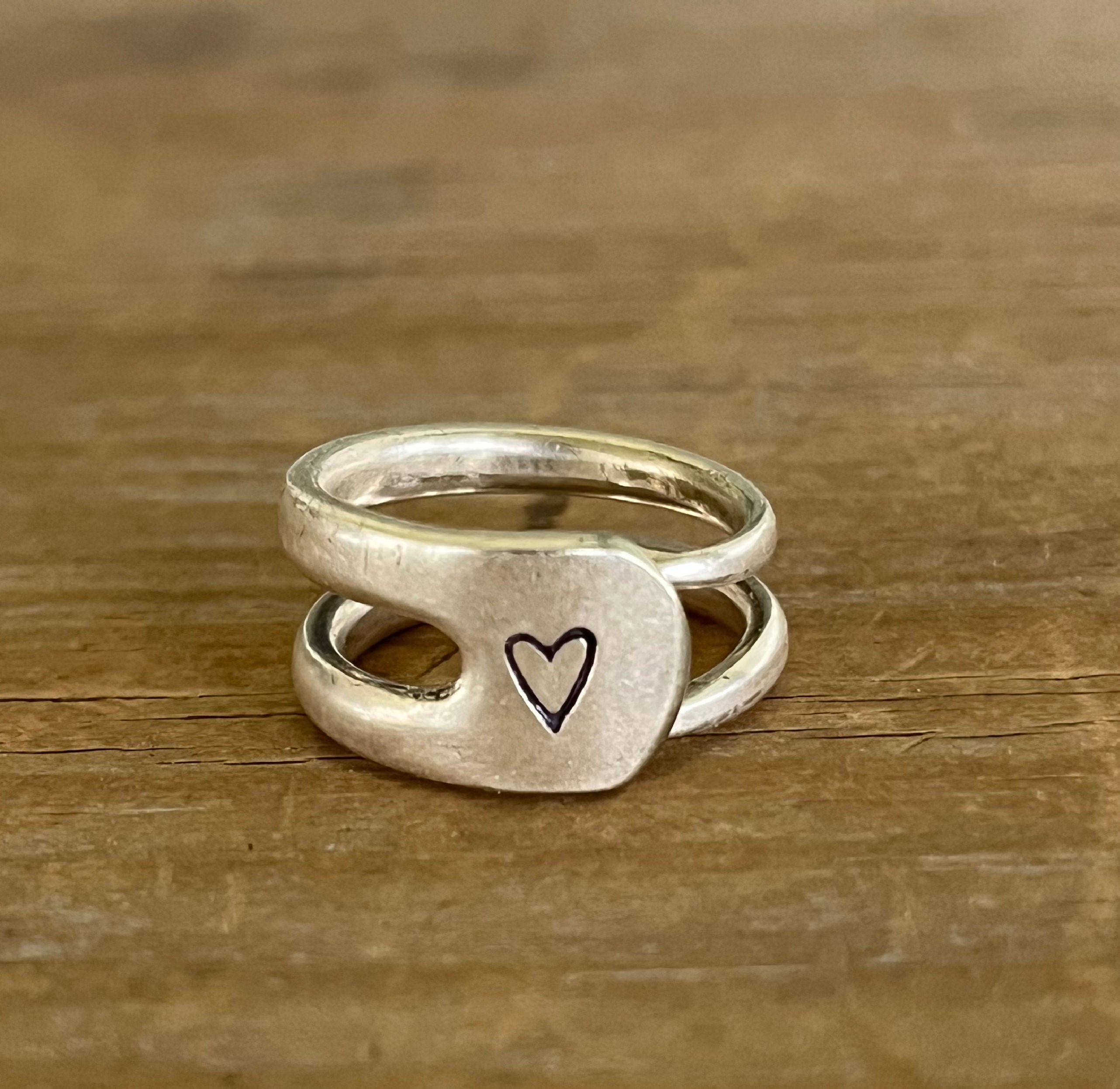 Fork tine double band ring with hand-stamped heart - fork ring - handcrafted from upcycled vintage silverware - Laughing Frog Studio