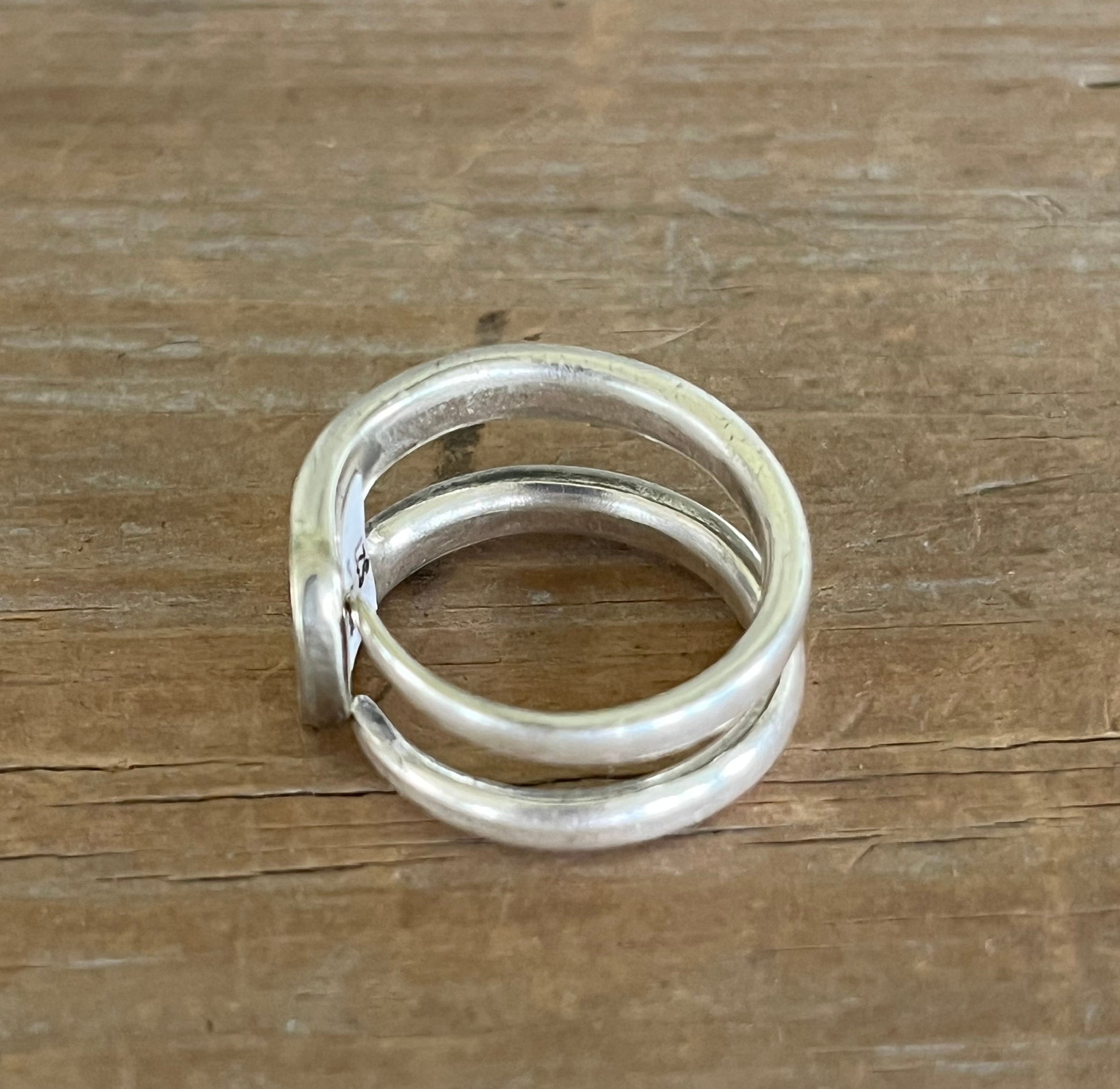 Top view of fork tine double band ring with hand-stamped heart - fork ring - handcrafted from upcycled vintage silverware - Laughing Frog Studio
