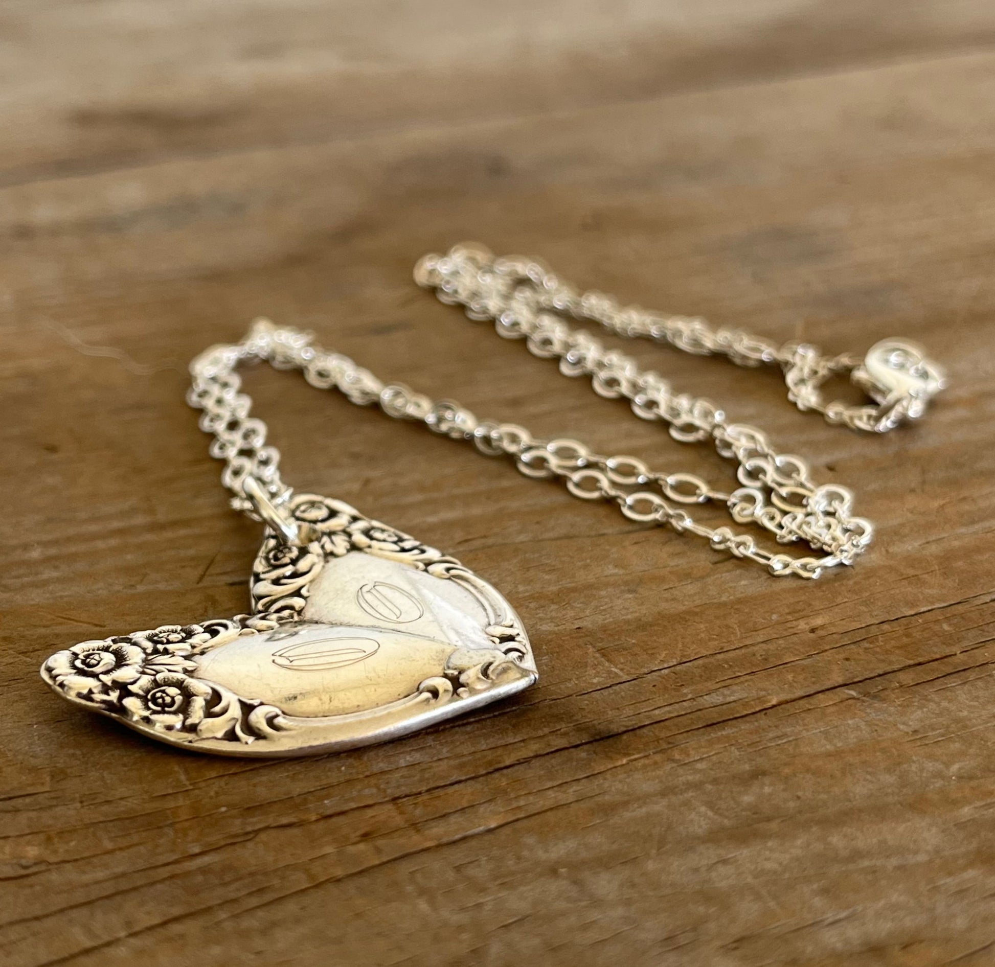 Spoon heart necklace made from upcycled LADY DENSMORE vintage silverware pattern