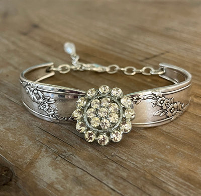 Handcrafted Queen Bess spoon link bracelet with rhinestone button - premium upcycled vintage silverware artisan jewelry