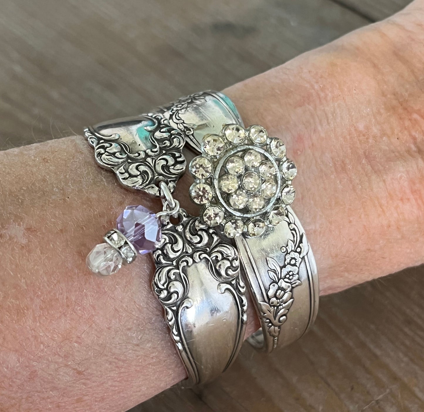 Premium handcrafted Queen Bess spoon link bracelet shown on wrist - unique upcycled silverware jewelry