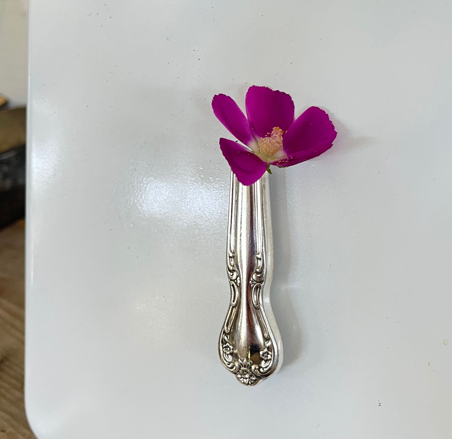 DAYBREAK upcycled knife vase with magnet showing vintage Rogers silverware pattern and floral holder