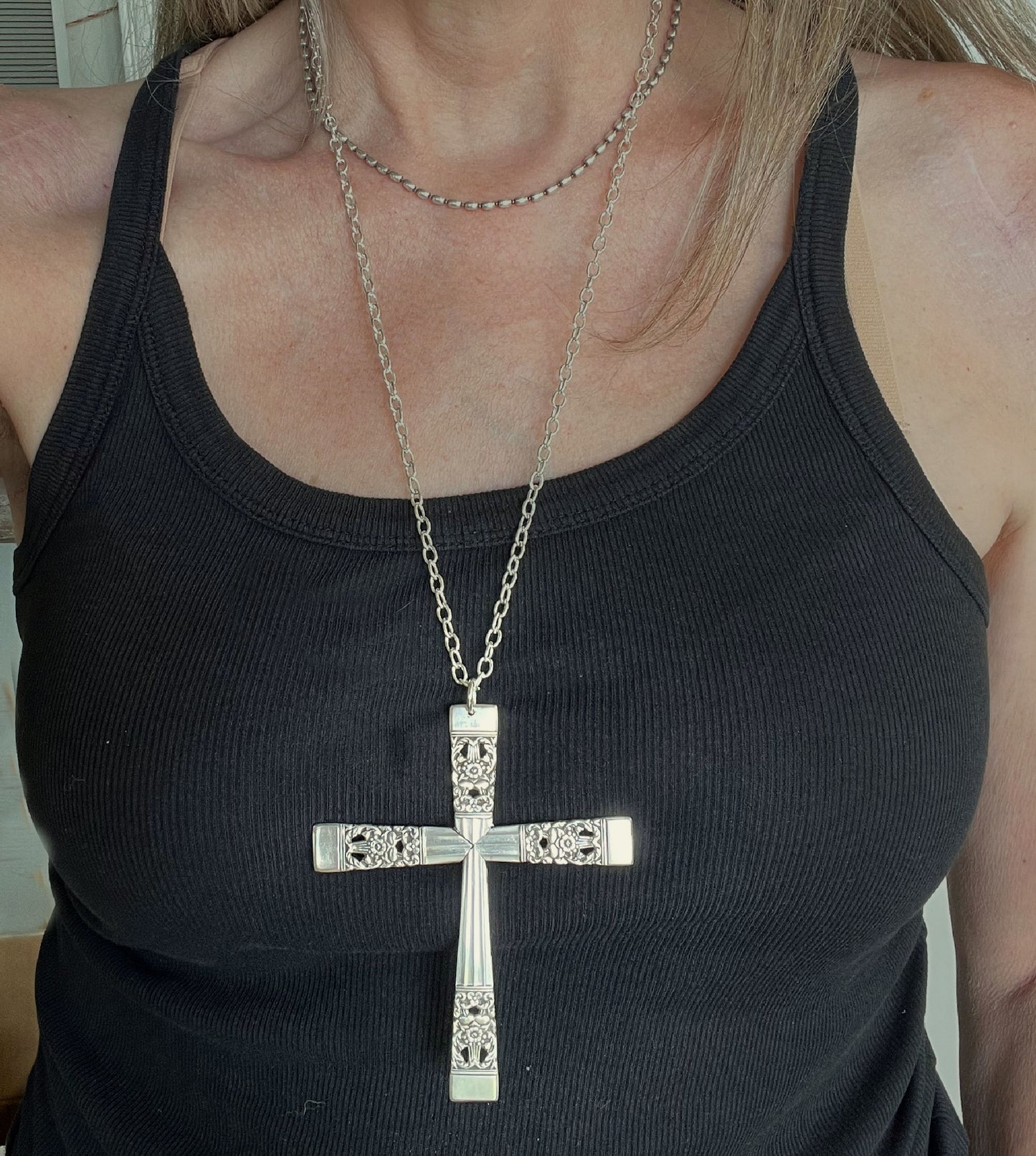Coronation spoon cross necklace shown on model - handcrafted upcycled vintage silverware jewelry