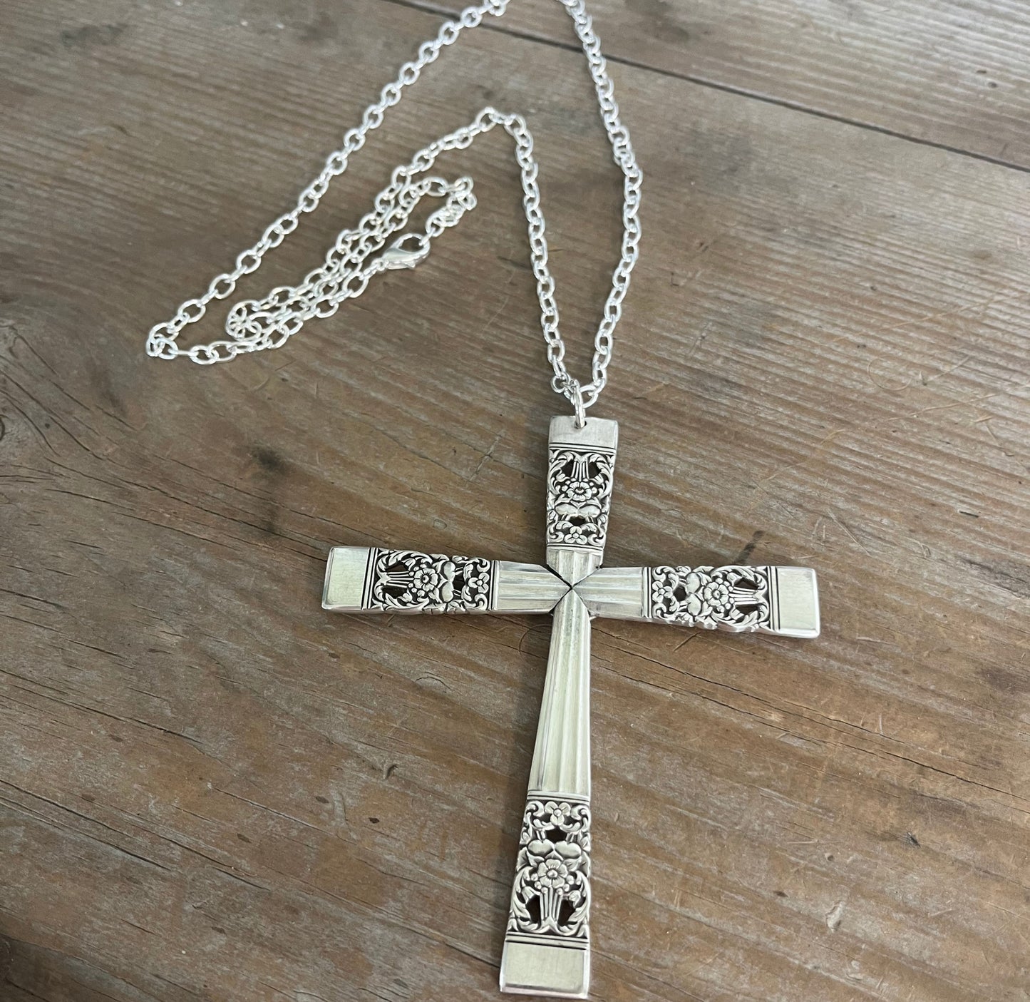 Handcrafted spoon cross necklace on silverplate chain - vintage Coronation silverware religious jewelry