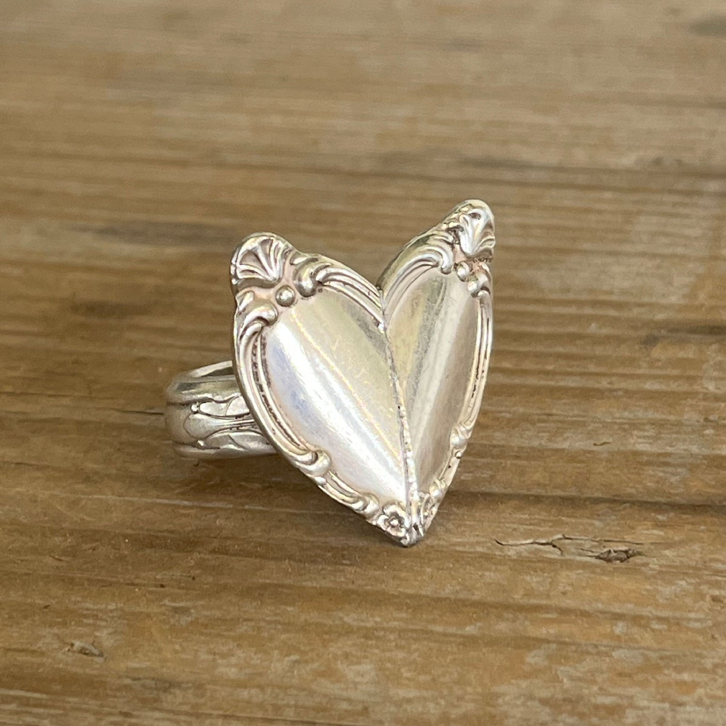 Victorian Rose heart spoon ring made from vintage silverware handles - upcycled statement jewelry
