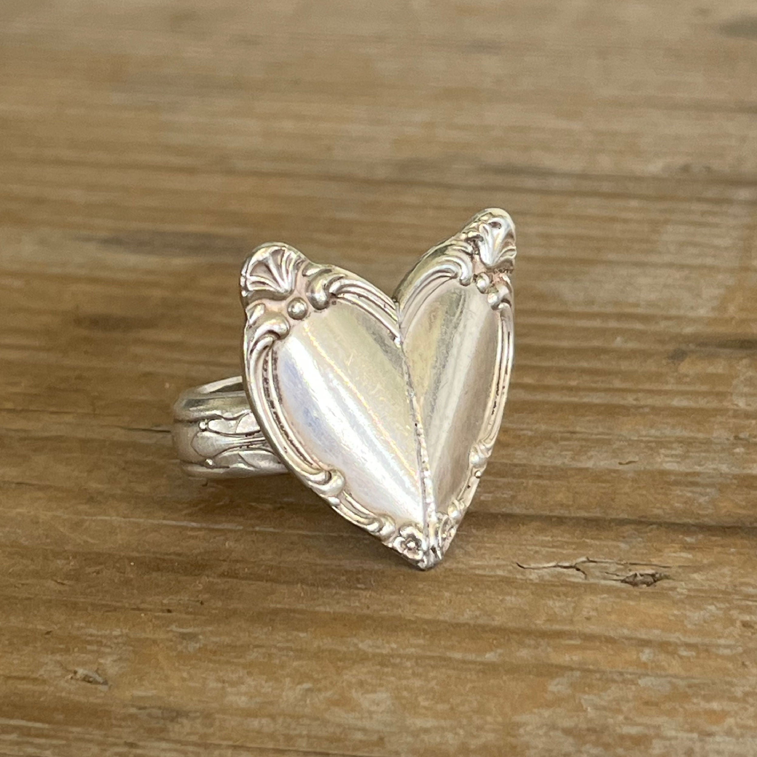 Victorian Rose heart spoon ring made from vintage silverware handles - upcycled statement jewelry