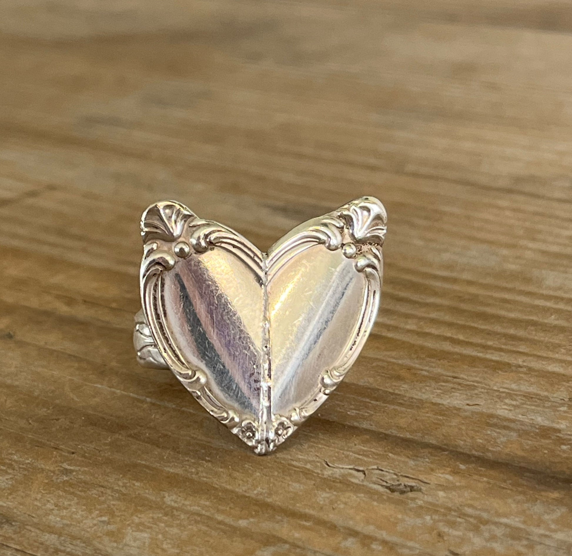 Close-up of heart made from two spoon handles on Victorian Rose statement ring