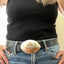 Star spoon belt buckle on model showing hand-forged star pattern on upcycled vintage silverplate, one-of-a-kind lefty design