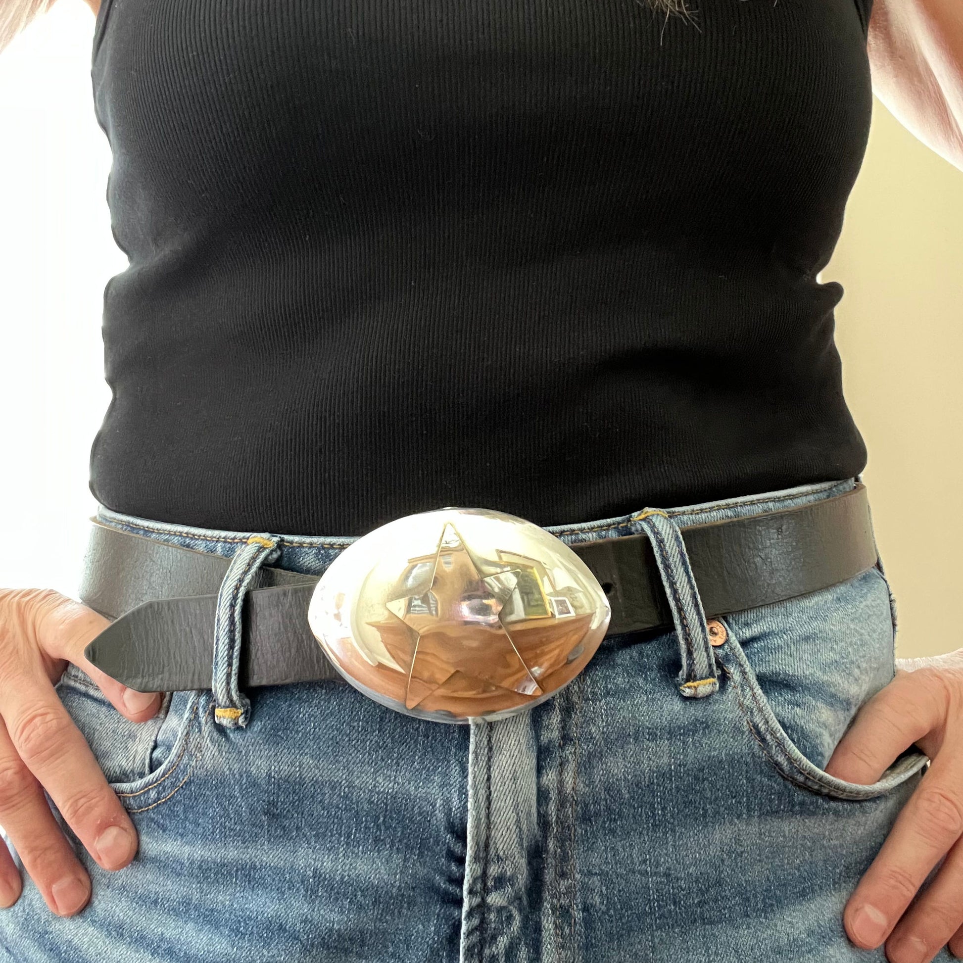 Handcrafted spoon belt buckle with stylized star design made from upcycled vintage silverplate casserole spoon, lefty buckle, fits 2-inch belt