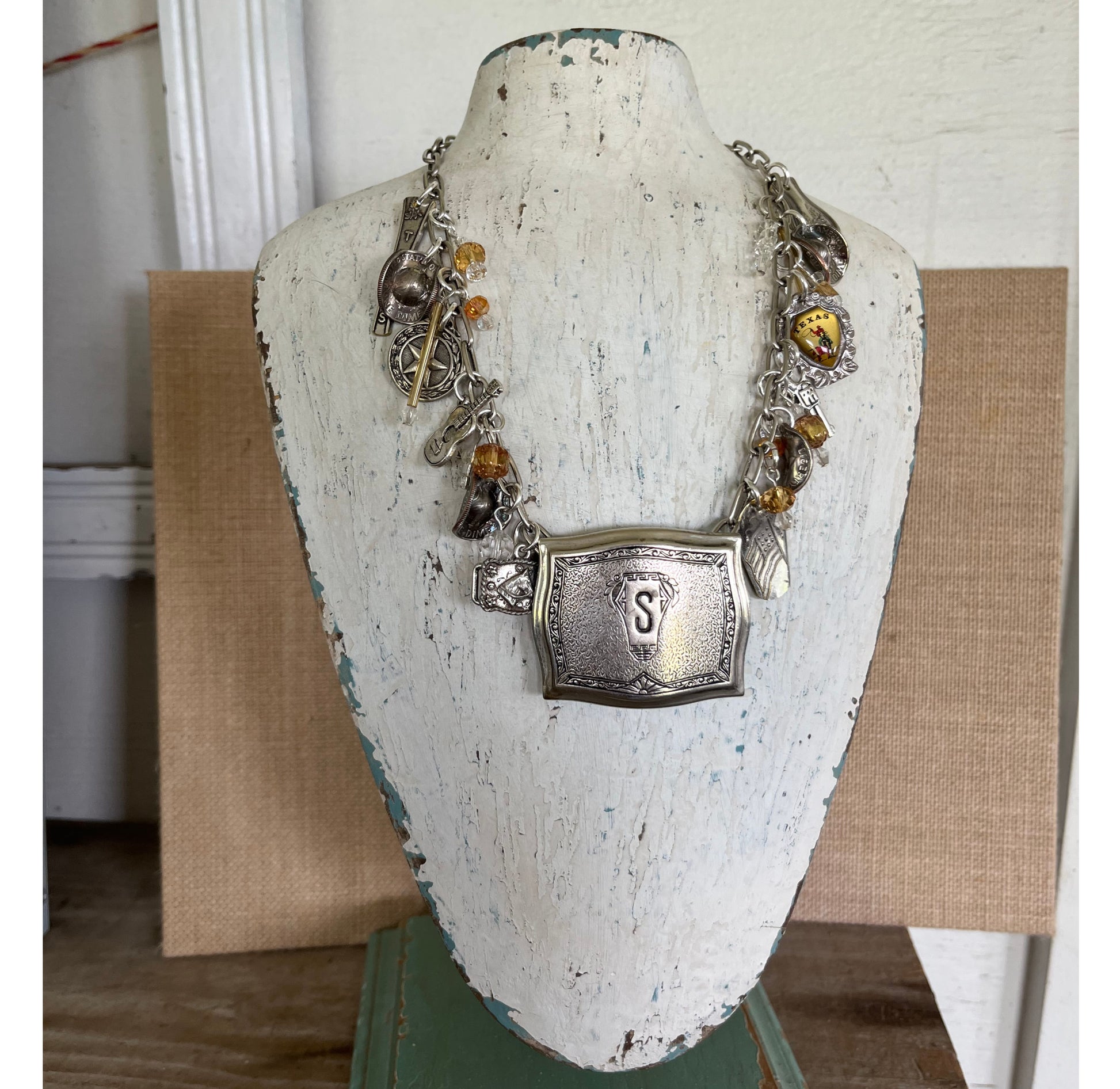 Texas Pride S monogram statement necklace - eco-friendly vintage spoon charms