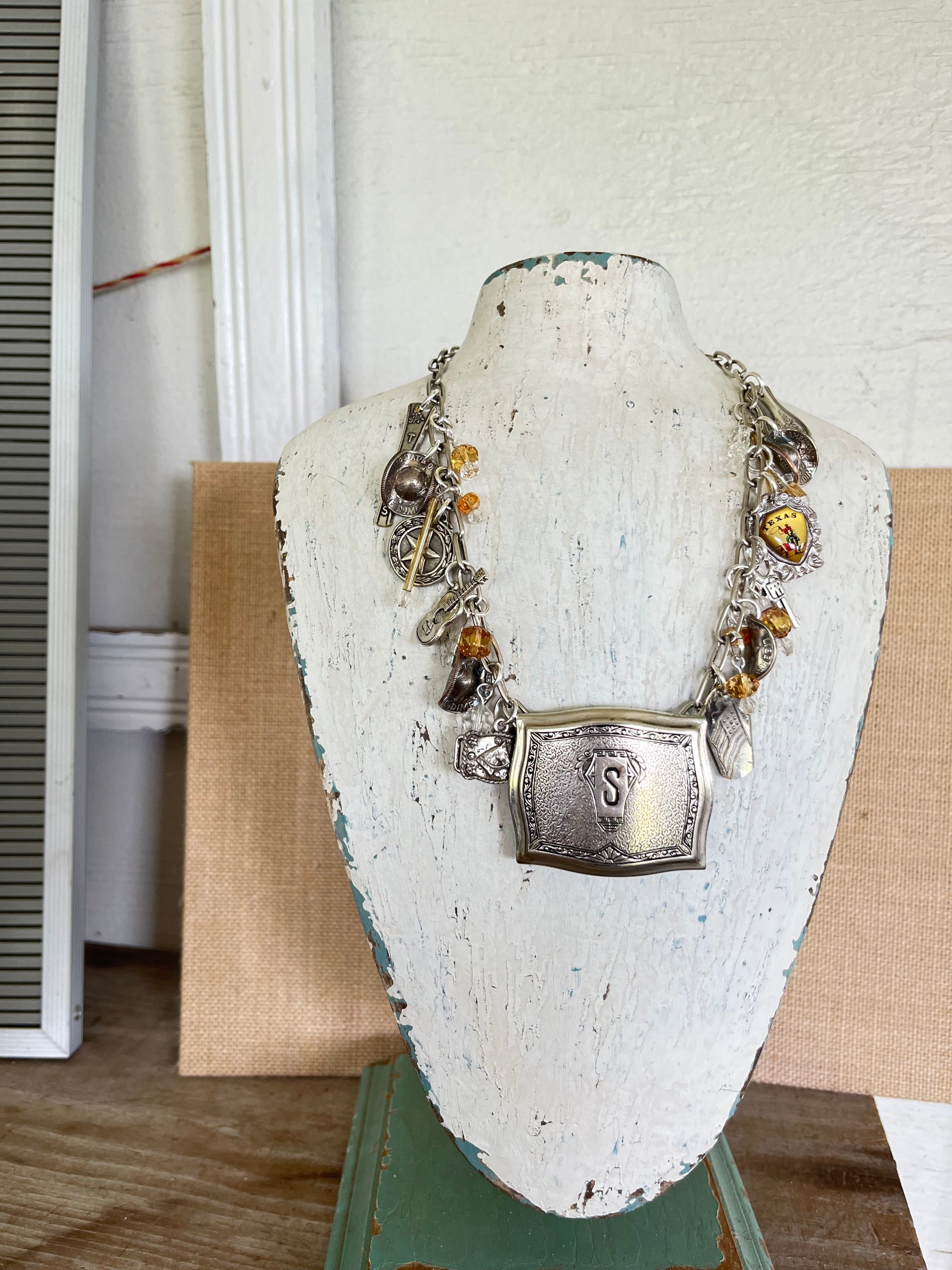 Texas Pride vintage spoon charm with S monogram - handmade statement necklace