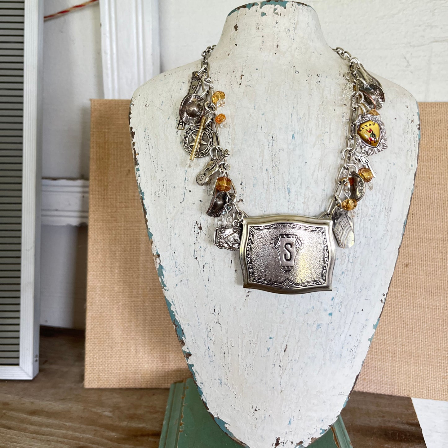 Texas Pride S monogram charm necklace - handmade upcycled spoon jewelry