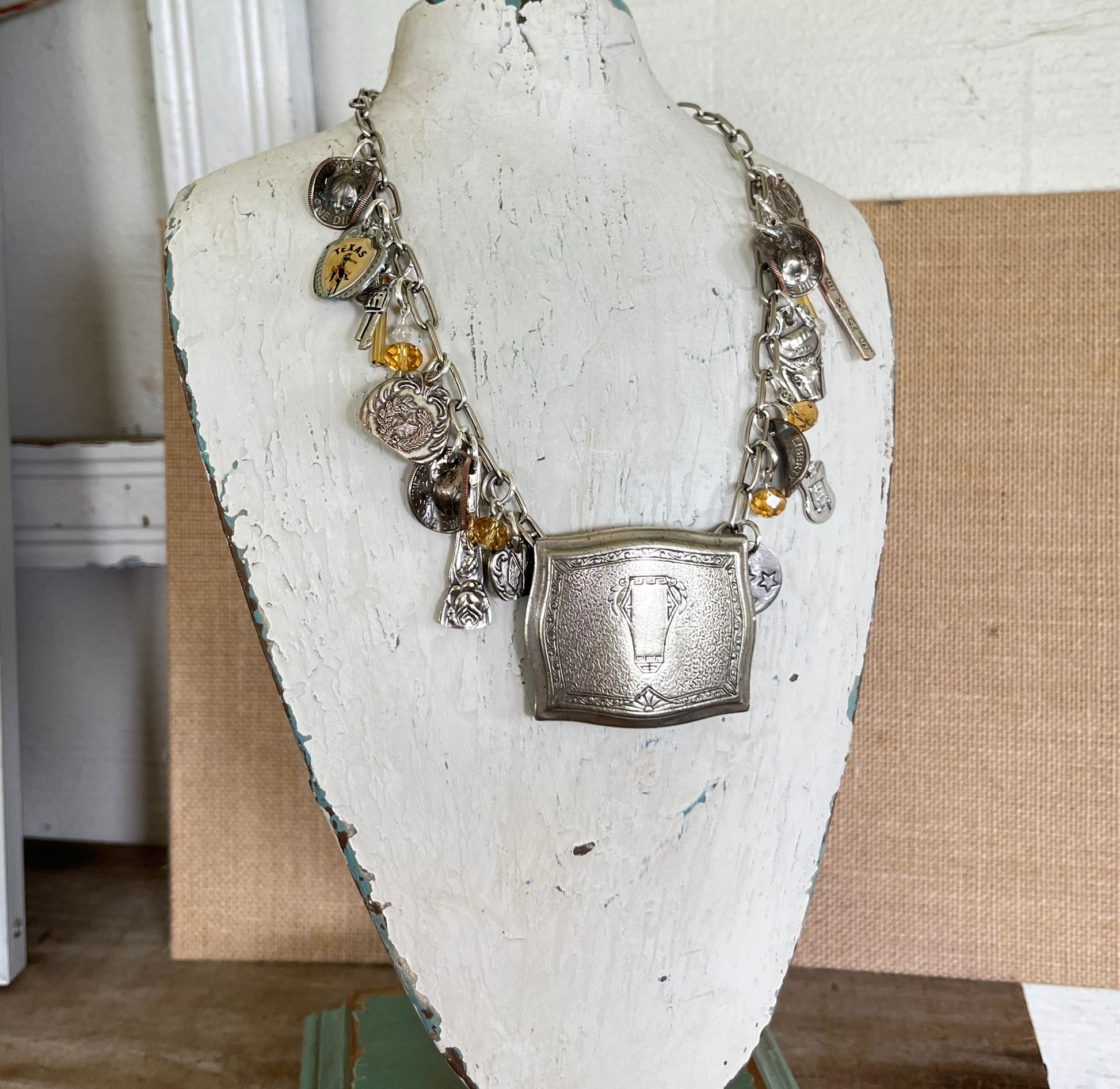 Texas Pride spoon charm necklace with steer head buckle - artisan silverware