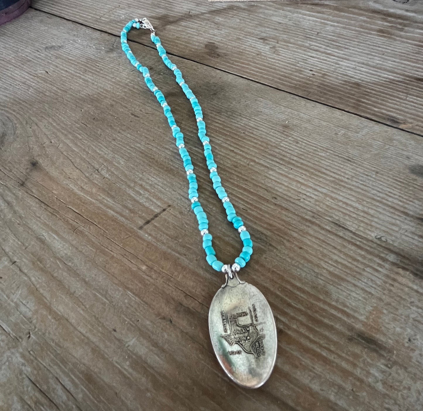 Texas Pride silverplate spoon pendant necklace with turquoise glass beads, 20-inch length - silverware pendant necklace - handcrafted from upcycled vintage silverware - Laughing Frog Studio