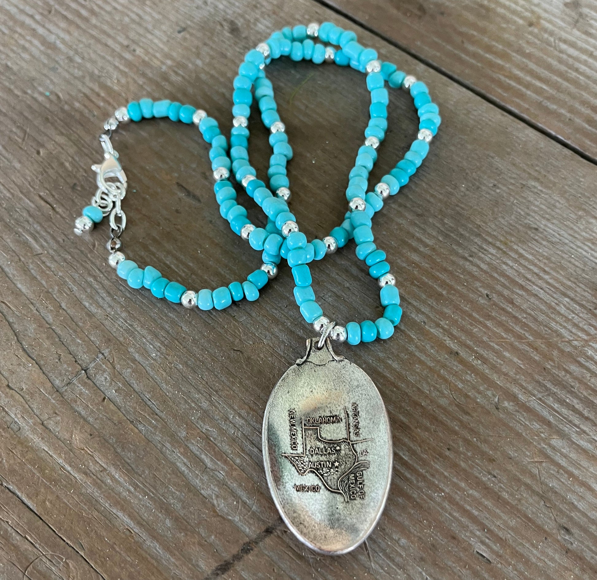 Texas Pride spoon pendant necklace with vintage Texas map silverplate and turquoise beads - silverware pendant necklace - handcrafted from upcycled vintage silverware - Laughing Frog Studio